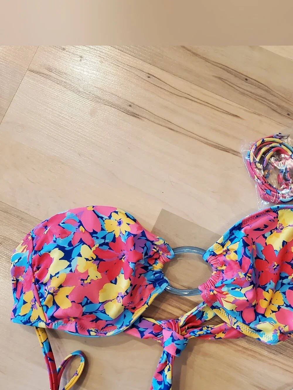 NWT Colorful Reversable Floral to Polka-dot Ring-Detail Bikini Set